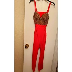 Gold beaded bodice/Red Jumpsuit size:LG